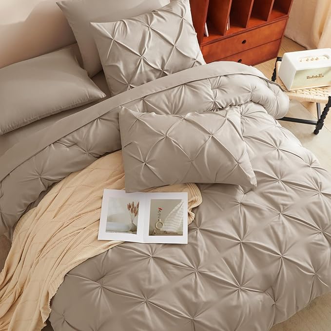 CozyLux Full Size Comforter Sets Taupe, 7 Pieces Pintuck Bed in A Bag Taupe Comforter Full Size, Pinch Pleat Bedding Sets with All Season Comforter, Sheets, Pillowcases & Shams