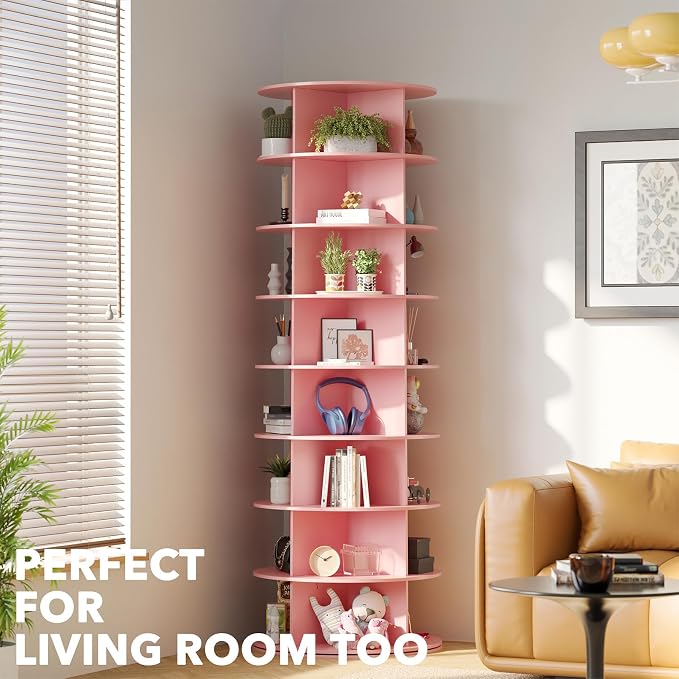 SpaceAid 8 Tier Rotating Shoe Rack Tower, Spinning Shoe Display Lazy Susan, Revolving 360 Shoe Rack Storage Round Carousel, Vertical Handbag Rotate Shoes Closet Organization (8-Tier Pink) - Image 6