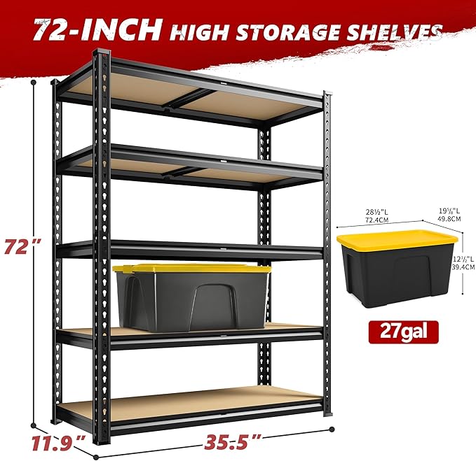 REIBII 2400LBS Storage Shelves 5 Tier Garage Shelving Heavy Duty Adjustable Garage Shelves, Utility Rack Shelf, Shelving Units for Storage Warehouse Pantry Closet, 35.5" W x 11.9" D x 72" H, Black - Image 3