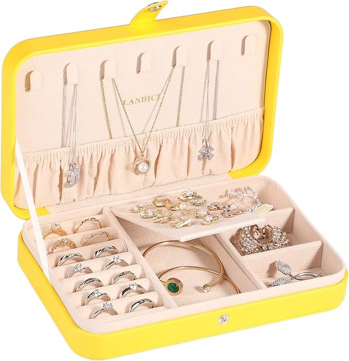 LANDICI Small Jewelry Box for Women Girls, PU Leather Travel Jewelry Organizer Case, Portable Jewellery Storage Holder Display for Ring Earrings Necklace Bracelet Bangle Watch Men Kids Gift, Yellow by LANDICI