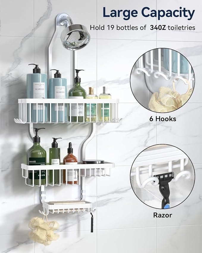 YASONIC Never-Rust Aluminum Hanging Shower Caddy – Over-the-Showerhead Organizer with 10 Hooks for Razor and Sponge – Includes Soap Basket – White - Image 2