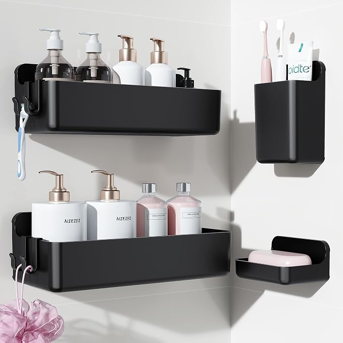 Nieifi Adhesive Wall Shelf, Shower Shelves, Shower Organizer for Bathroom Organization (Black, 4 pieces) by Nieifi