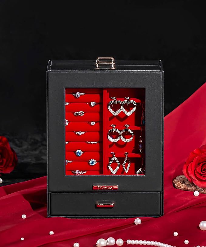 Homde Jewelry Organizer Girls Women Jewelry Box for Necklaces Rings Earrings Gift Bracelets Storage Case (Black + Red + Gold) - Image 9