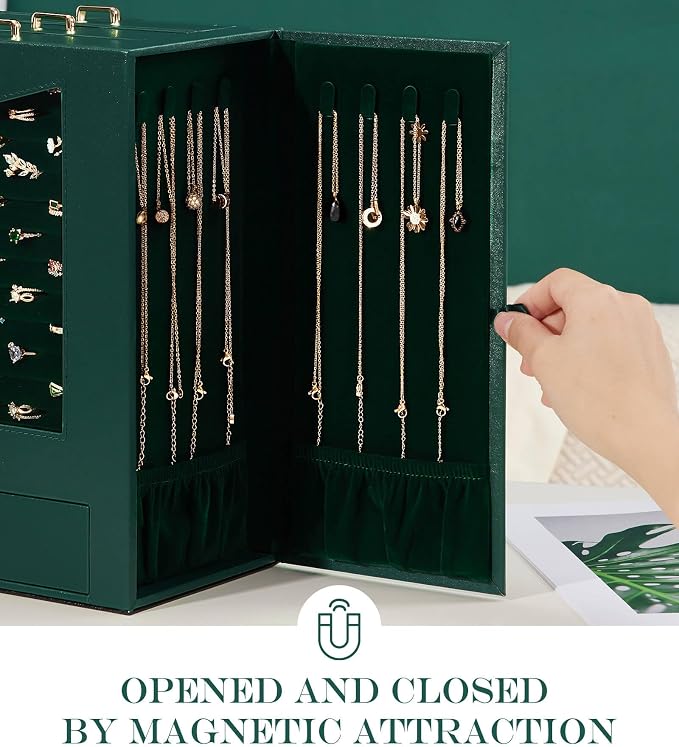 Homde Jewelry Organizer with Transparent Window Necklace Hooks Gift for Women Jewelry Box Display Case for Necklaces Rings Earrings Bracelets and Other Accessories (Forest Green) - Image 4