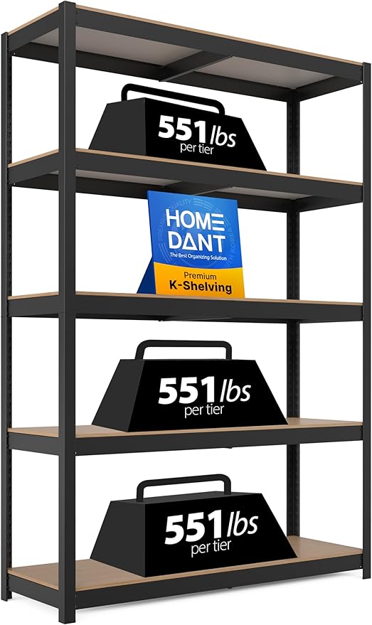 HOMEDANT House 48.1" W 5 Tier Heavy Duty Garage Shelving Adjustable Metal Rack Storage Shelves Standing Shelf Unit Organizers Industrial Warehouse Basement Black 1Pack by TheBestOrganizingSolution