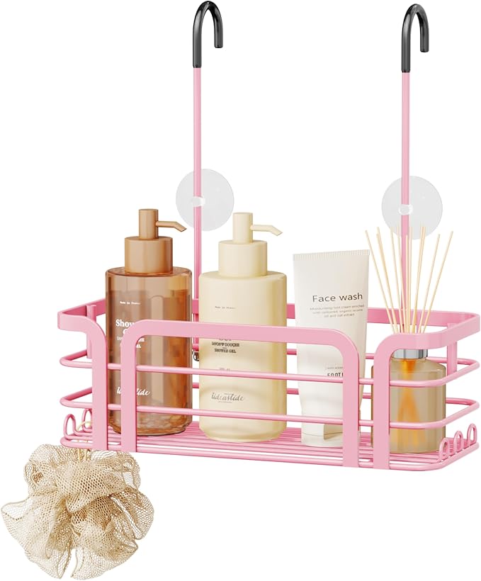 SWTYMIKI Shower Caddy Hanging Organizer - Over the Door Shower Caddy with 6 Hooks, 2 Installation Ways, Stainless Steel Rustproof Bathroom Organizer, Pink Small by SwtyMiki-TidyHomeSweetLife
