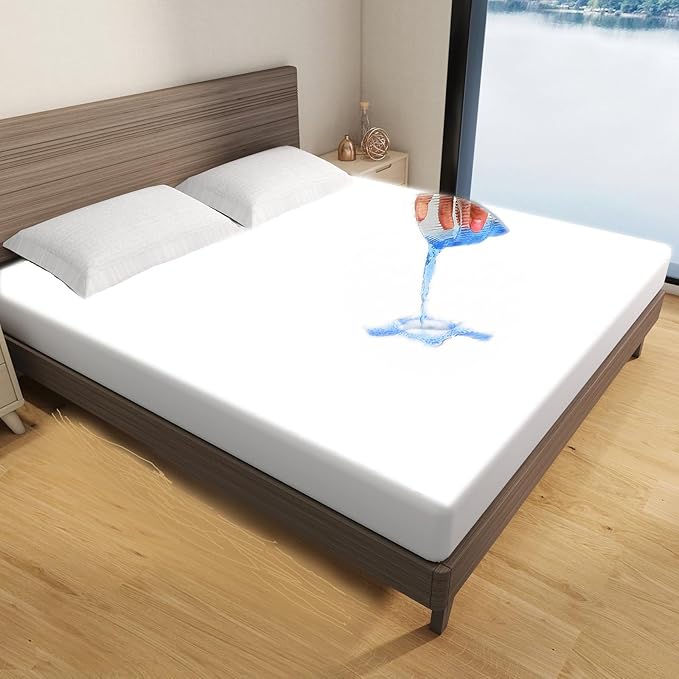 WINGLAM Queen Size Waterproof Mattress Protector，3D Air Fabric Noiseless Mattress Cover,Cooling & Breathable, Machine Washable Mattress Pad Fitted Style with Deep Pocket Up to 6"-18"(White)