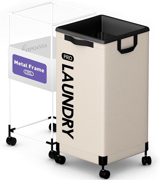 Caroeas Next-Gen 105L Matel Frame Laundry Basket with wheels, Heavy Duty Tall Rolling Laundry Hamper with Removable Wash Bag, Collapsible Freestanding Clothes Hamper (100L,Beige,1Pack) by Caroeas