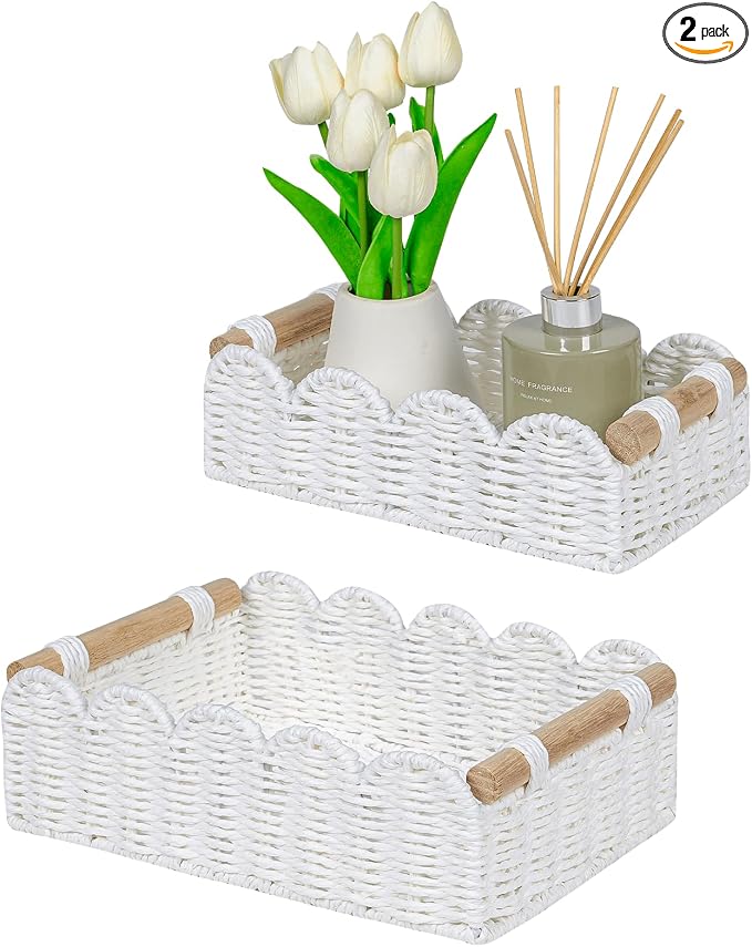 CubesLand Scalloped Edge Decor Baskets for Home, Living Room, Toilet Paper Storage Basket for Over Toilet Tank Top, Storage Shelf, Cute Small Paper Rope Baskets Both Storage&Decor, Set 2 White by CubesLand