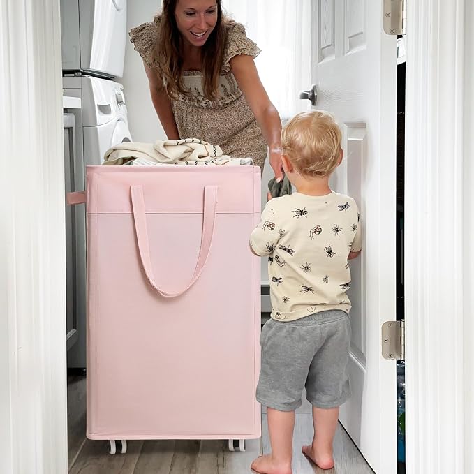 CHICVITA Slim Laundry Hamper with Wheels 75L, Collapsible Rolling Laundry Basket for Living Room, Pink Laundry Hamper for College Dorm - Image 8
