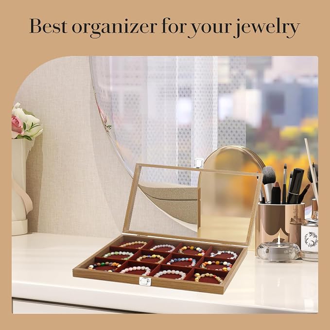 KOOAAICCHI Jewelry Organizer Tray 12 Grid Velvet Jewelry Storage Box with Clear Lid Jewelry Display Case with Lock Bracelet Earring Ring Organizer Showcase Gifts for Girls Women-12 Grid Wooden Brown - Image 5