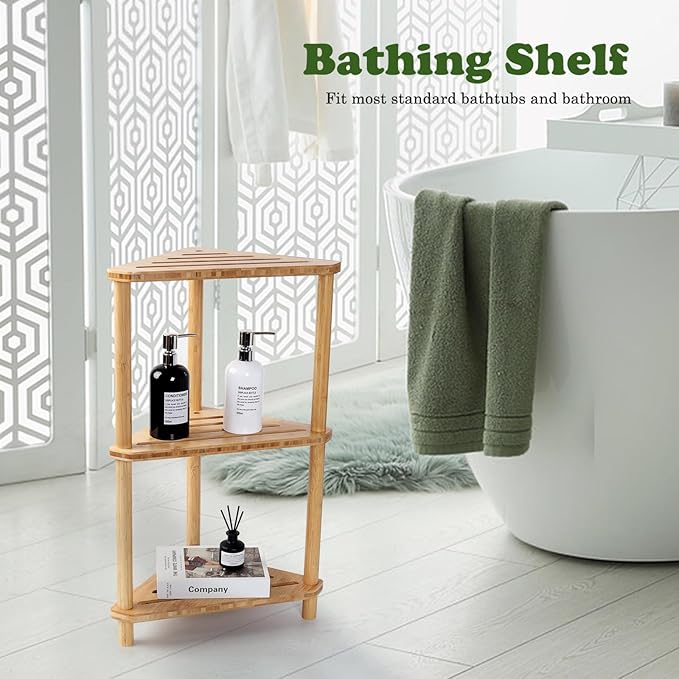Bamboo Corner Shower Caddy Stand 3-Tier Waterproof,Free Standing Bathroom Corner Shelf Shower Stool Organizer for Inside Shower,Space-Saving Storage Shower Shelves with Anti-Slip Feet - Image 4