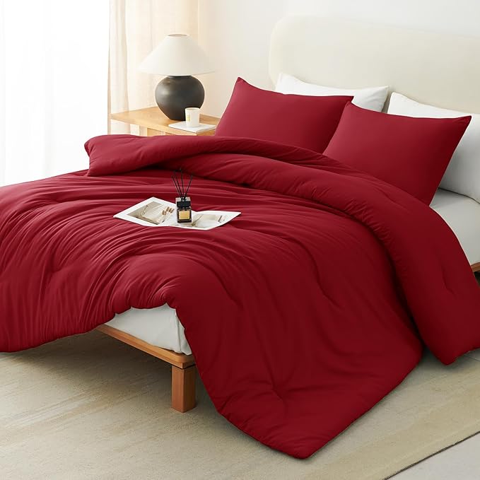 CozyLux Queen Comforter Set Dark Red, 3 Pieces Solid Comforters Queen Size Breathable Quilted Bedding Sets, Luxury Soft Lightweight Bed Set with Down Alternative Comforter and 2 Pillowcases All Season