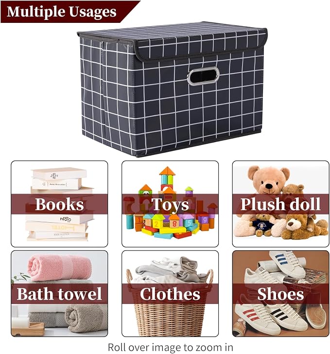 STOREONE Fabric Storage Cube Bins Foldable Organizer Container Collapsible Basket with Lids and Metal Handles, for Home, Bedroom, Closet 3 Pcs (Black grid) - Image 3