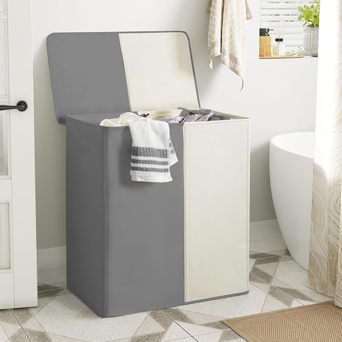 WOWLIVE Double Laundry Baseket with Lid and Removable Laundry Bags,154L Large Laundry Hamper 2 Section Collapsible Dirty Clothes Hamper for Laundry Room,College Dorm,Bathroom,Grey and Beige - Image 3