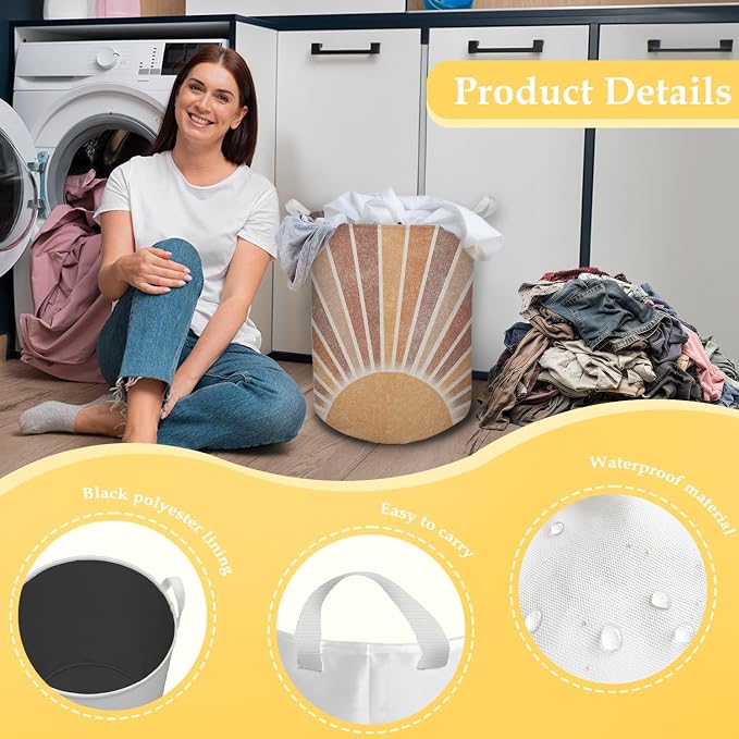 Boho Laundry Basket, Mid Century Modern Boho Neutral Sun Sunshine Waterproof Collapsible Laundry Hamper Dirty Clothes Storage Toy Bin Organizer for Bathroom Bedroom Nursery Girls Kids Room - Image 6