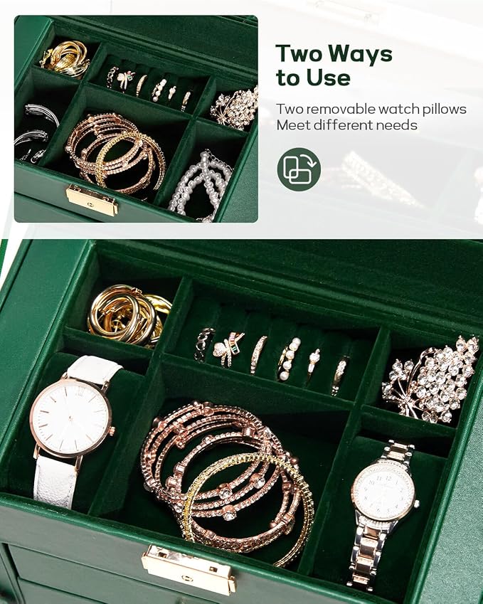 Homde Synthetic Leather Huge Jewelry Box Mirrored Watch Organizer Necklace Ring Earring Storage Lockable Gift Case (Forest Green + Gold) - Image 4
