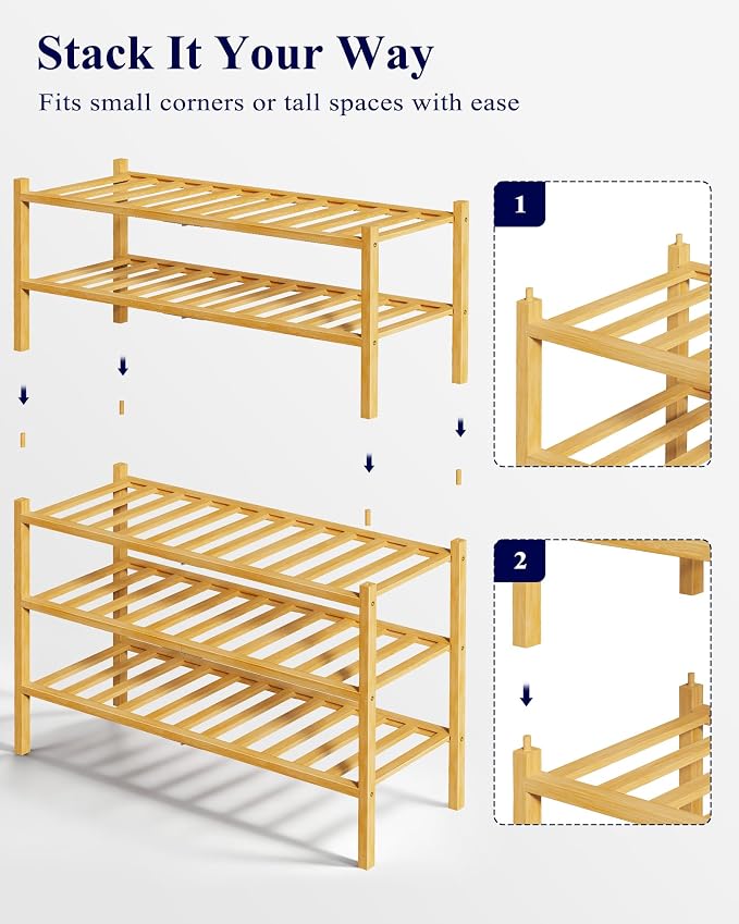 Kitsure Bamboo Wooden Shoe Rack for Closet - Stackable Shoe Organizer with Modular Structure, Space-Saving Shoe Shelf for Entryway, Living Room, Bedroom, 26.8" x 11" x 18.9", Natural - Image 7