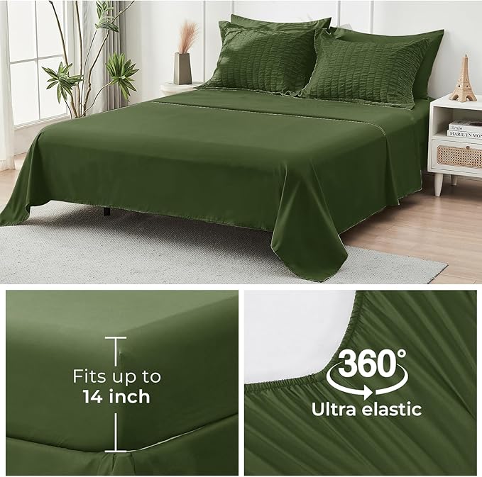 HYMOKEGE Olive Green California King Comforter Set Seersucker 7 Pieces, All Season Luxury Bed in a Bag for Bedroom, Bedding Set with Comforter, Sheets, Pillowcases & Shams
