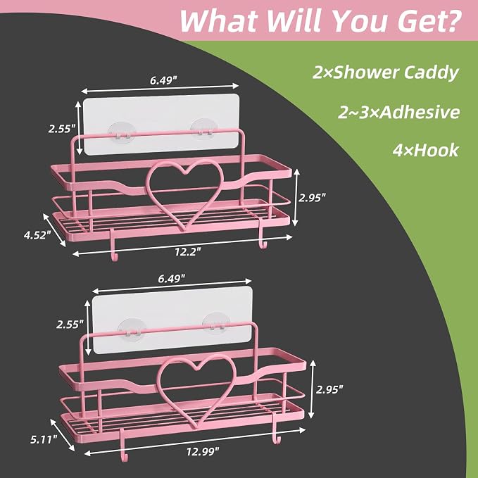 Pink Shower Caddy with 4 Removable Hooks, 2 Pack Sweet Heart Shower Shelves,No Drilling Adhesive Organizer Shelf for Bathroom Shower,Kitchen,Bedroom - Image 6