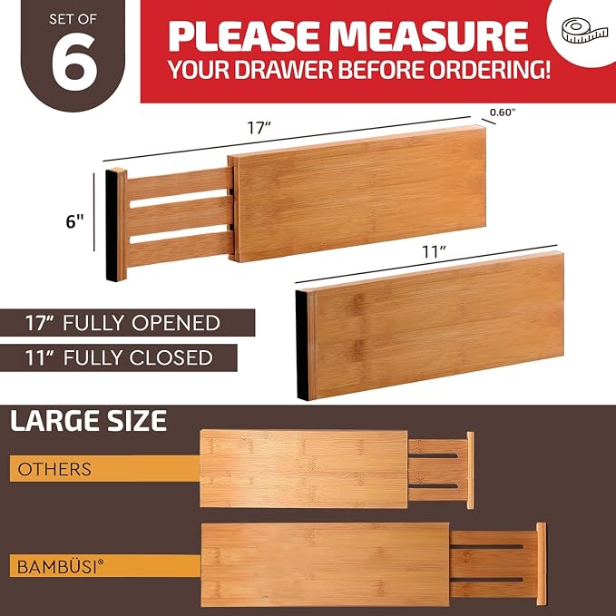 6-Pack Drawer Dividers - 6 Inches High, Adjustable 11 to 17 Inches Bamboo Drawer Organizers, Large Deep Expandable Separators for Clothes, Dresser, Bedroom, Bathroom, Baby , Office, Kitchen Utensils - Image 8