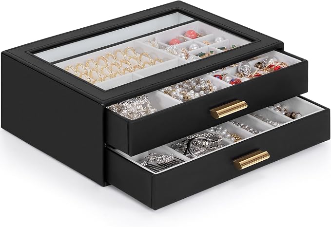 AKOZLIN Jewelry Box with Clear Lid Functional Leather Jewelry Storage Organizer Case 2 Drawers for Women Girls Necklace Ring Bracelet Earring - Image 8