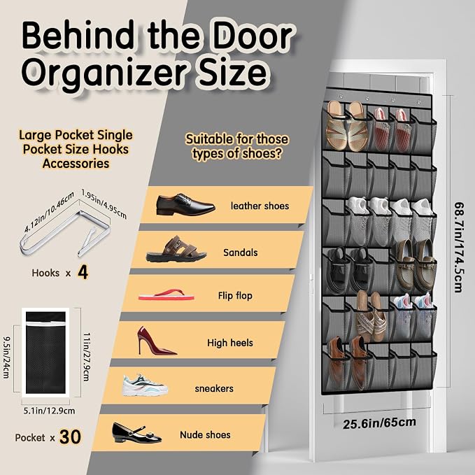 Kotkn Over the Door Shoe Organizer with 30 Breathable Mesh Pockets - Large Capacity Closet Storage for Men & Women, Hanging Shoe Rack Organizer (Gray) - Image 3