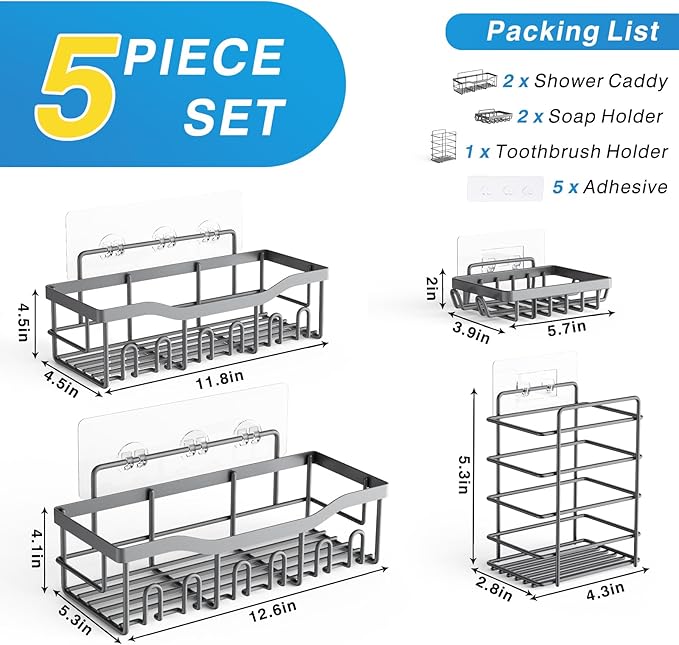 EUDELE 5-Pack Rustproof Stainless Steel Shower Caddy – No Drill Adhesive Bathroom Organizer with Large Capacity, Spacious Shower Shelves for Inside Shower, Kitchen & Home Decor Storage-XL Size - Image 7
