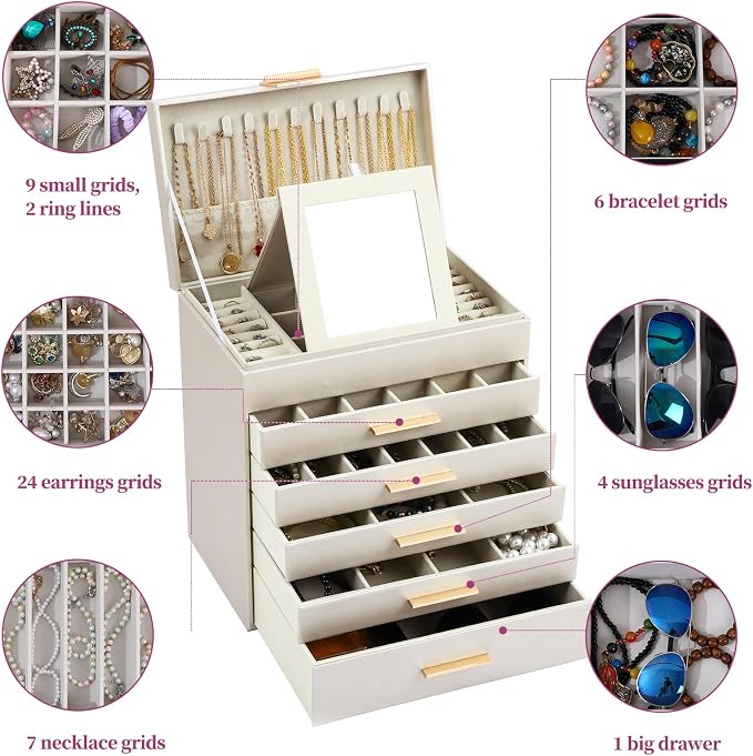 BOOVO Jewelry Boxes for Women, White and Black 6 Layer Large Jewelry Box for Necklace, Bracelet, Earrings, Rings Storage, Jewelry holder Organizer for Girls Gift (Champagne, 6 layer) - Image 5
