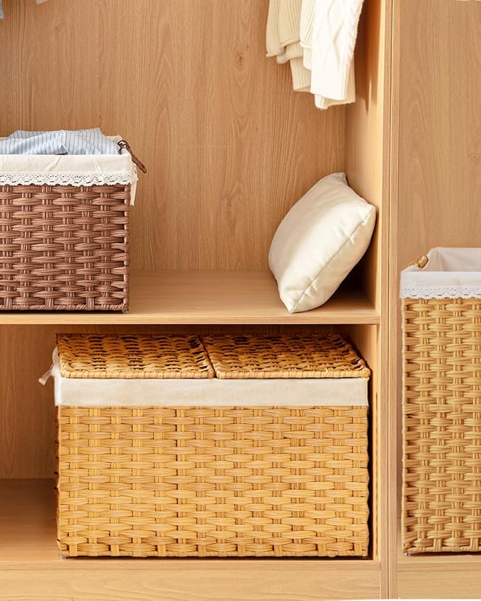 SETVSON Storage Basket with Lid Wicker Baskets for Storage with 2 Separate Lid 42.3 Gallon (160 L) 29.9 x 17.3 x 18.1 Inches Rattan Woven Large Wicker Basket with 2 Liners for Bedroom Laundry Natural - Image 7