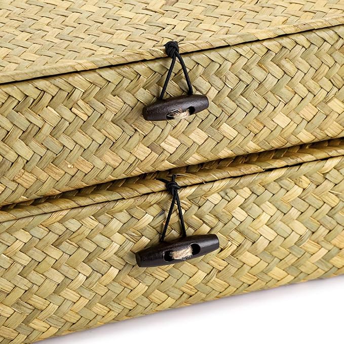 Hipiwe Natural Seagrass Storage Bins with Lid, Woven Wicker Basket Boxes Home Organizer Bins Shelf Organizer Box,Set of 2 - Image 4