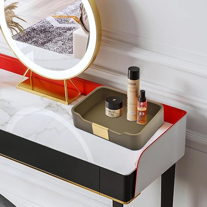 Luxury Leather Valet Tray Desktop Storage Organizer,Bedside Vanity Catchall Tray Nightstand Caddy Holder for Cosmetic,Jewelry,Watch,Keys,Phone,Wallet,Remote Controller,Pen,Olive Green - Image 3
