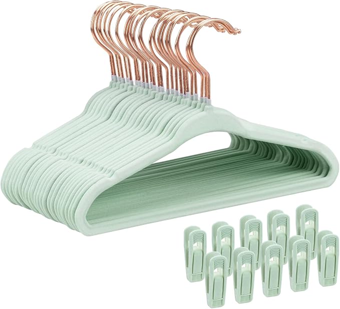 Tonswachic Baby Velvet Hangers 30 Pack - 11 Inch Premium Non Slip Kids Felt Hanger for Infant Clothes - Ultra Thin Baby Felt Hangers for Toddler Children's Closet with 10 Hanger Clips - Green by TonswachicHangersSpaceSaver