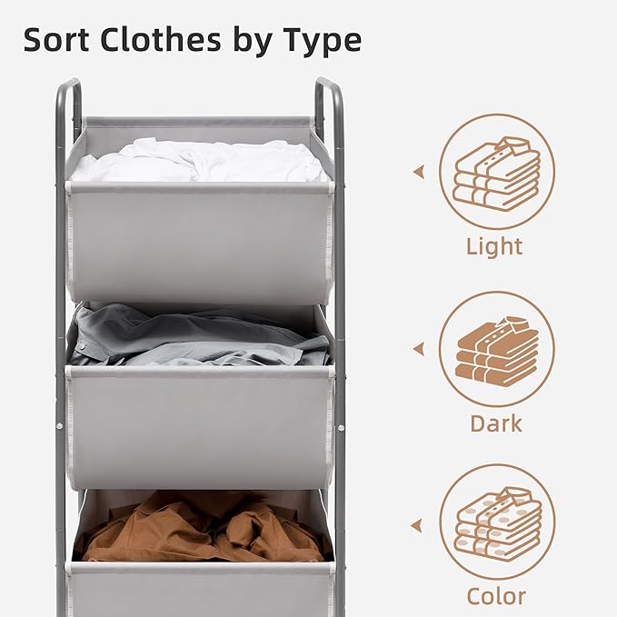 STORAGE MANIAC 120 Liters Vertical Rolling Laundry Hamper, 3 Section Laundry Sorter with Wheels and 2 Breaks, 3-tier Laundry Baskets for Small Space, Dorm, Laundry Room, Closet, Bathroom, Gray 3-tier - Image 5