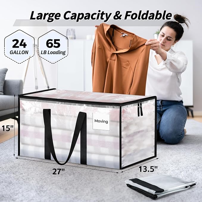 16 Pack Extra Large Heavy Duty Moving Bags, Clear Storage Bins with Lids, Reinforced Handles & Heavy-Duty Zippers Moving Boxes Storage Bags Totes for Clothes Packing, Dorms, College Supplies, Clear - Image 2