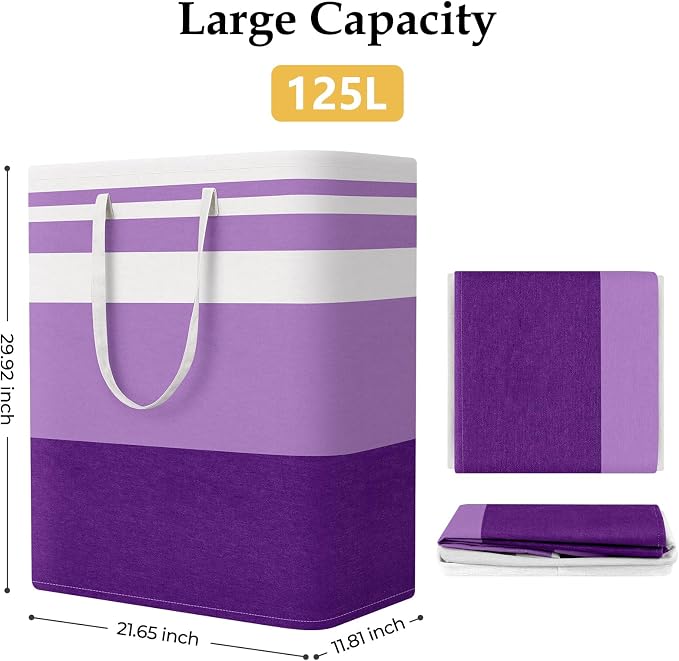 StorageRight Large Collapsible Laundry Basket Hamper with Easy Carry Handles，Freestanding Clothes Hampers for Laundry, Bedroom, Dorm, Towels, Toys, 125L, Purple - Image 2