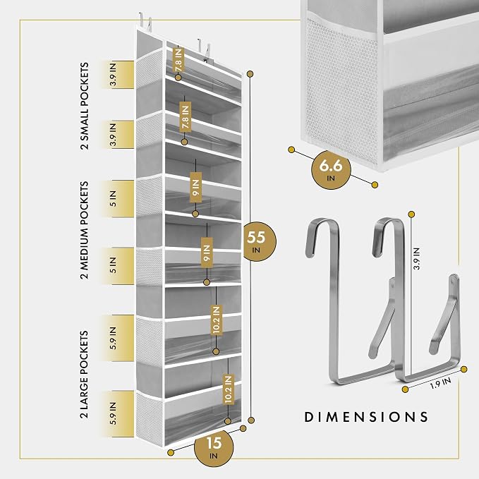 HOMELUX THEORY UPGRADED 6 Tiers Over The Door Organizer Hanging - 100D EXTRA THICK & 50lbs HUGE CAPACITY, 12 Side Mesh Pockets Over The Door Shoe Organizer, Hanging Closet Organizer (Transparent, 2pc) - Image 3