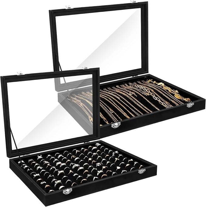 Yinkin 2 Pcs 100 Slots Ring Organizer Box with Transparent Glass Lid Necklace Display Tray Ring Case Velvet Jewelry Holder (Black) by Yinkin