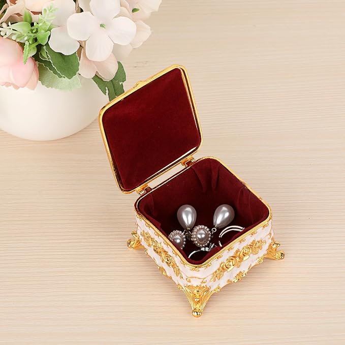 Hipiwe Vintage Jewelry Box Trinket Organizer Enameled Metal Treasure Chest Ring Holder Earrings Storage Case Decorative Keepsake Box Gift for Women, Small 3"x3"x2.4" - Image 3