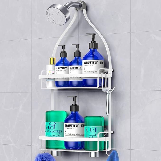 Meangood Shower Caddy Over Shower Head, White Anti-Swing Hanging Shower Caddy with 4 Remove Hooks for Razor, Sponge, Towels Rustproof Shower Organizer for Bathroom by Meangood