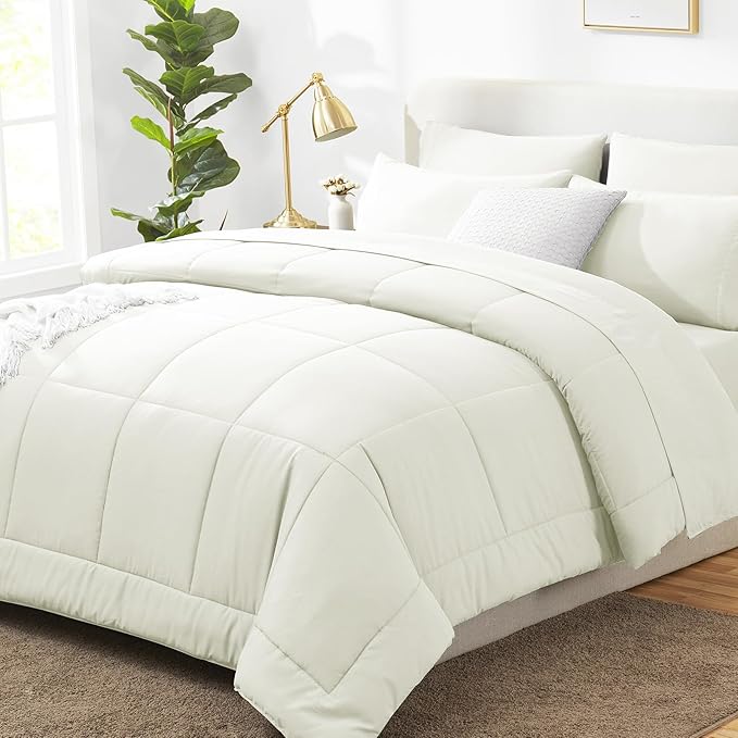 CozyLux Queen Comforter Set Ivory - 7 Pieces Bed in a Bag, Ivory Comforters Queen Size, Bedding Sets with All Season Quilted Comforter, Flat Sheet, Fitted Sheet, Pillowcases