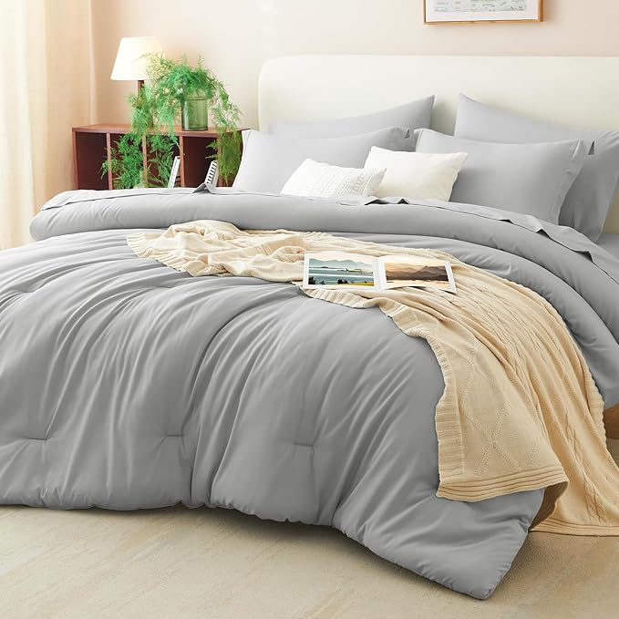 CozyLux Full Size Comforter Sets Light Grey, 7 Pieces Bed in a Bag Full Comforter Set with Sheets, Light Gray Luxury Soft Bedding Set with Down Alternative Comforter, Sheets, Pillowcases & Shams