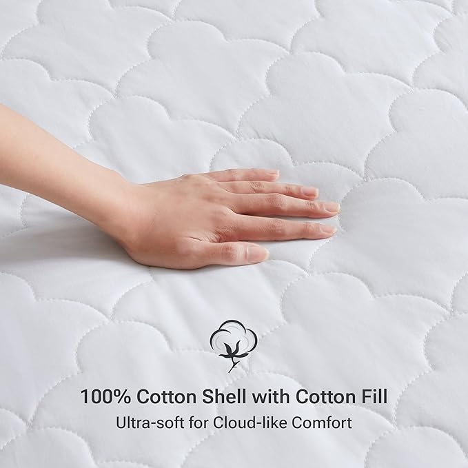 Sleep Philosophy Queen Mattress Pad, Cotton Mattress Protector Classic Cloud Quilted Bed Cover, All Natural Breathable Mattress Topper Fitted Pocket Fits Up to 18", Machine Washable, White