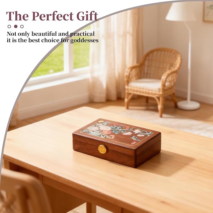 Travel Jewelry Case Small Wood Jewelry Organizer Jewelry Box for Women (Nut-Brown Print E) - Image 7
