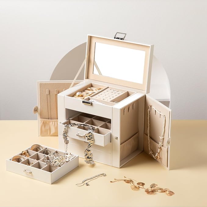 Frebeauty 5-layer Jewelry Box,Faux Leather Jewelry Organizer with 4 Drawers,Jewelry Organizers and Storage with Mirror,Jewelry Holder Organizer for Necklace,Jewerly Boxes for Women Girls(White) - Image 6