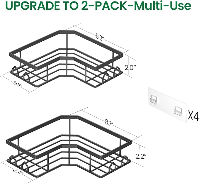 Adhesive Shower Caddy, 2 Pack Corner Bath Organizer, Rustproof Stainless Steel Shower Shelves with Large Capacity, No Drilling Shelves for Bathroom Storage, Home, Kitchen Décor - Image 2