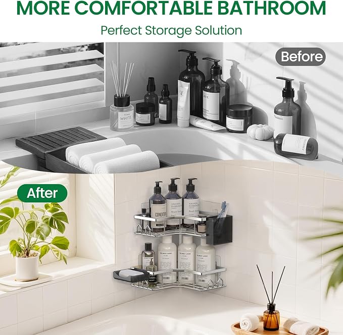 Adhesive Shower Caddy, 4 Pack Corner Bath Organizer, Rustproof Stainless Steel Shower Shelves with Large Capacity, No Drilling Shelves for Bathroom Storage, Home, Kitchen Decor (Silver). - Image 5