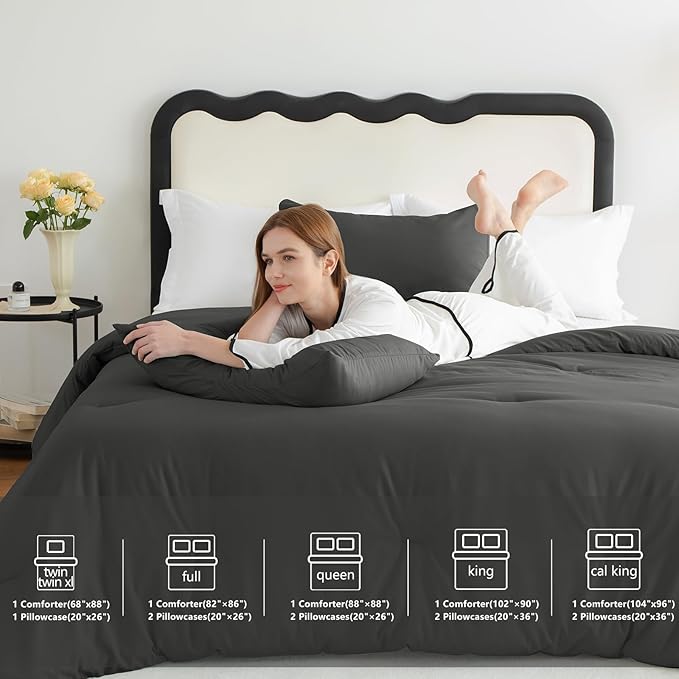 CozyLux California King Comforter Set Dark Grey, 3 Pieces Cal King Solid Breathable Bedding Set All Seasons, Dark Gray Luxury Soft Lightweight Bed Set with Down Alternative Comforter and 2 Pillowcases