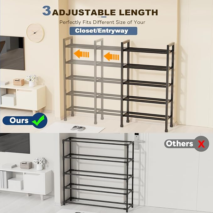 Mavivegue 5-Tier 19"-43.3" Adjustable Shoe Rack for Closet,Expandable Shoe Rack, Hall Entryway,Front Door,Garage, Sturdy Steel Space-Saving Rack, Black​ - Image 4