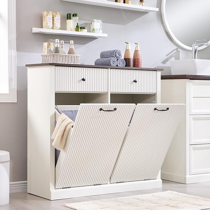 IFBUY Modern Double Tilt-Out Laundry Hamper Cabinet, 20 Gallon Fluted Trash Can Cabinet w/2 Drawers, Wooden Hidden Garbage Can Cabinets with Laundry Basket, for Bathroom and Kitchen, Antique White by IFBUYFarmhouseFurniture